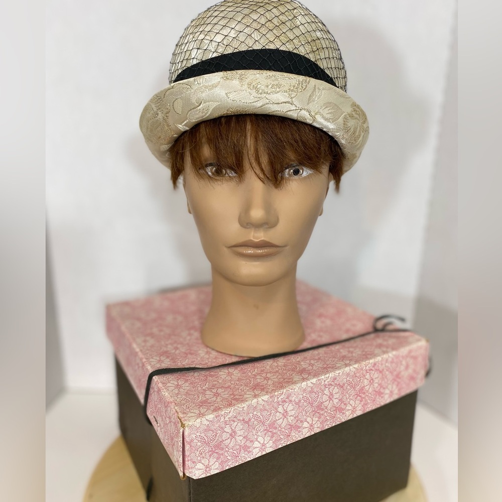 Brocade golden vintage bubble hat with black netting & silk ribbon. circa 1950s.